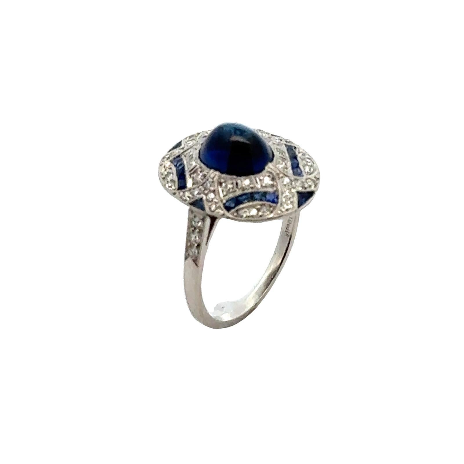 Art Deco Cabochon Sapphire Diamond Platinum Estate Cocktail Ring For Sale 2