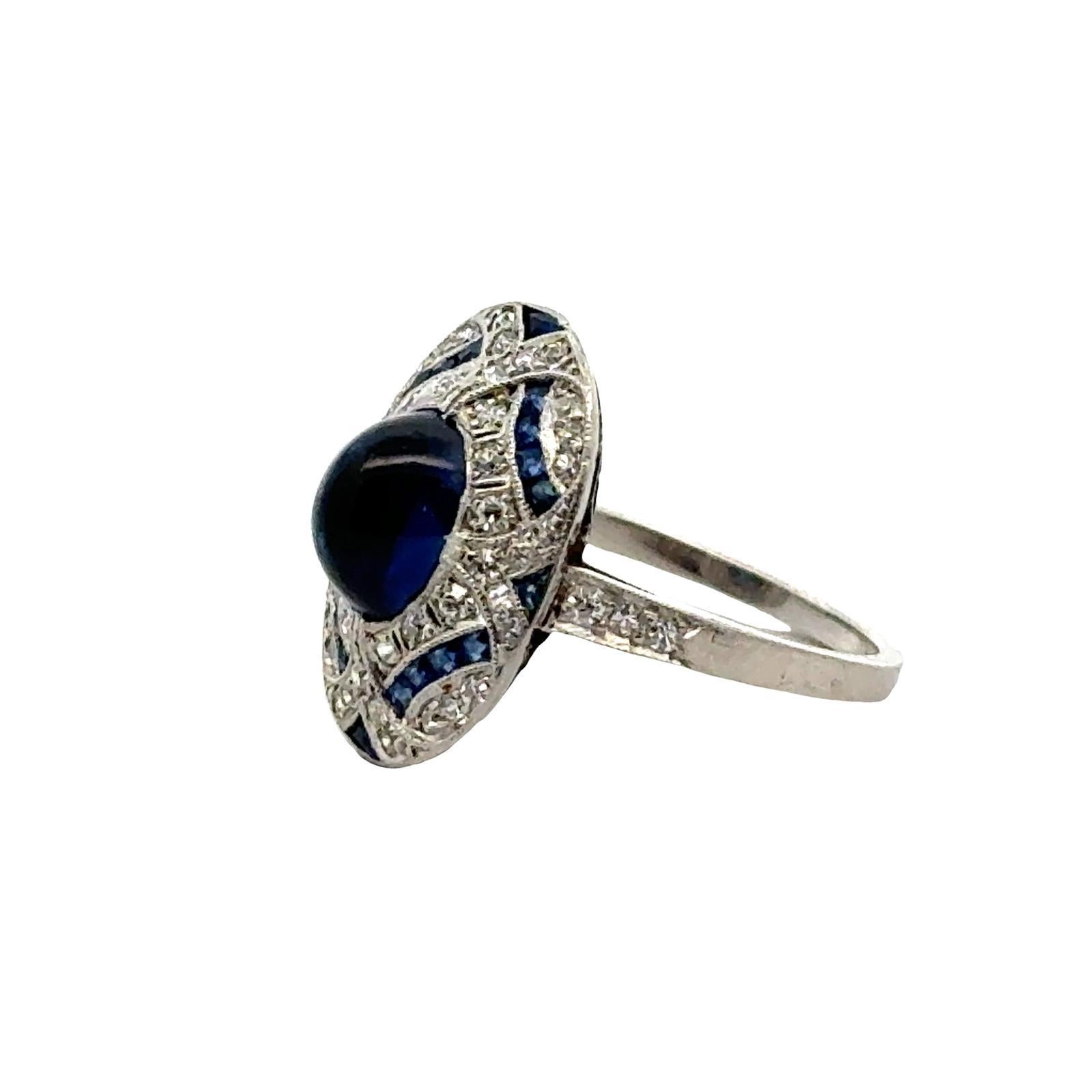 Art Deco Cabochon Sapphire Diamond Platinum Estate Cocktail Ring For Sale 3