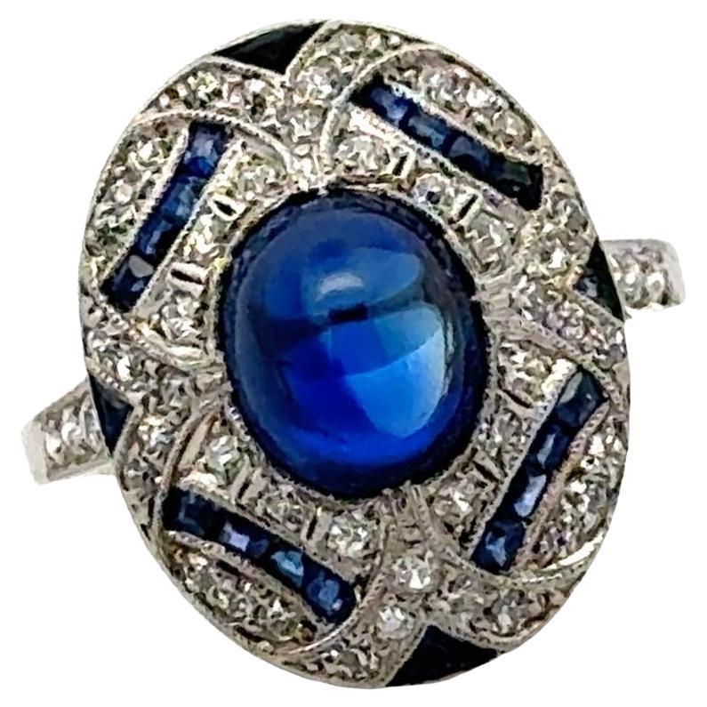 Art Deco Cabochon Sapphire Diamond Platinum Estate Cocktail Ring For Sale