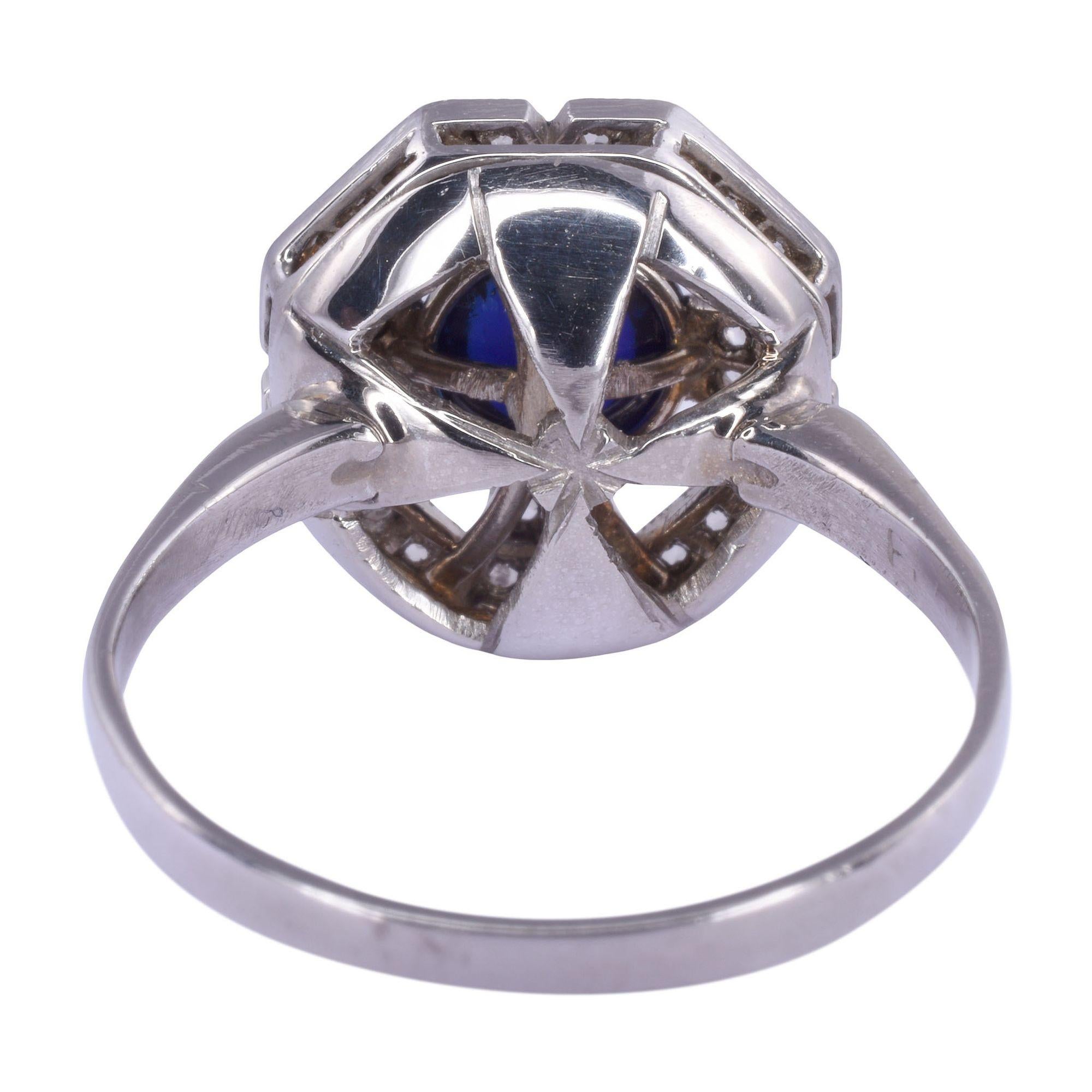 Art Deco Cabochon Sapphire & Diamond Platinum Ring In Good Condition For Sale In Solvang, CA