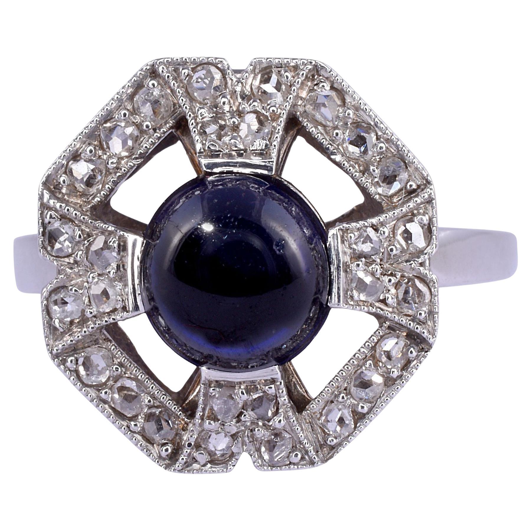 Art Deco Cabochon Sapphire & Diamond Platinum Ring For Sale