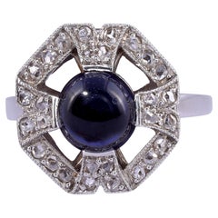 Antique Art Deco Cabochon Sapphire & Diamond Platinum Ring