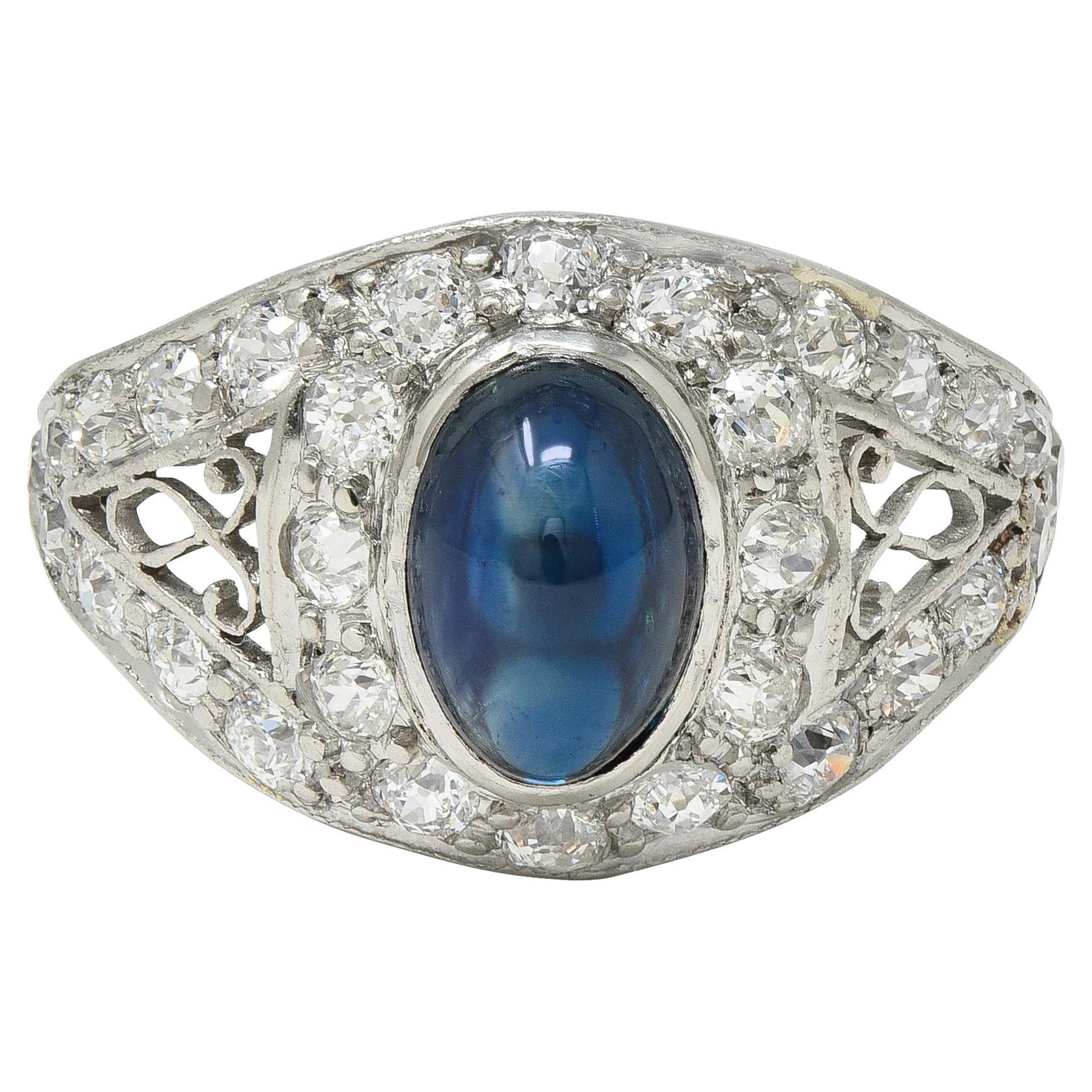 Art Deco Cabochon Saphir Diamond Platinum Vintage Scrolling Bombé Ring