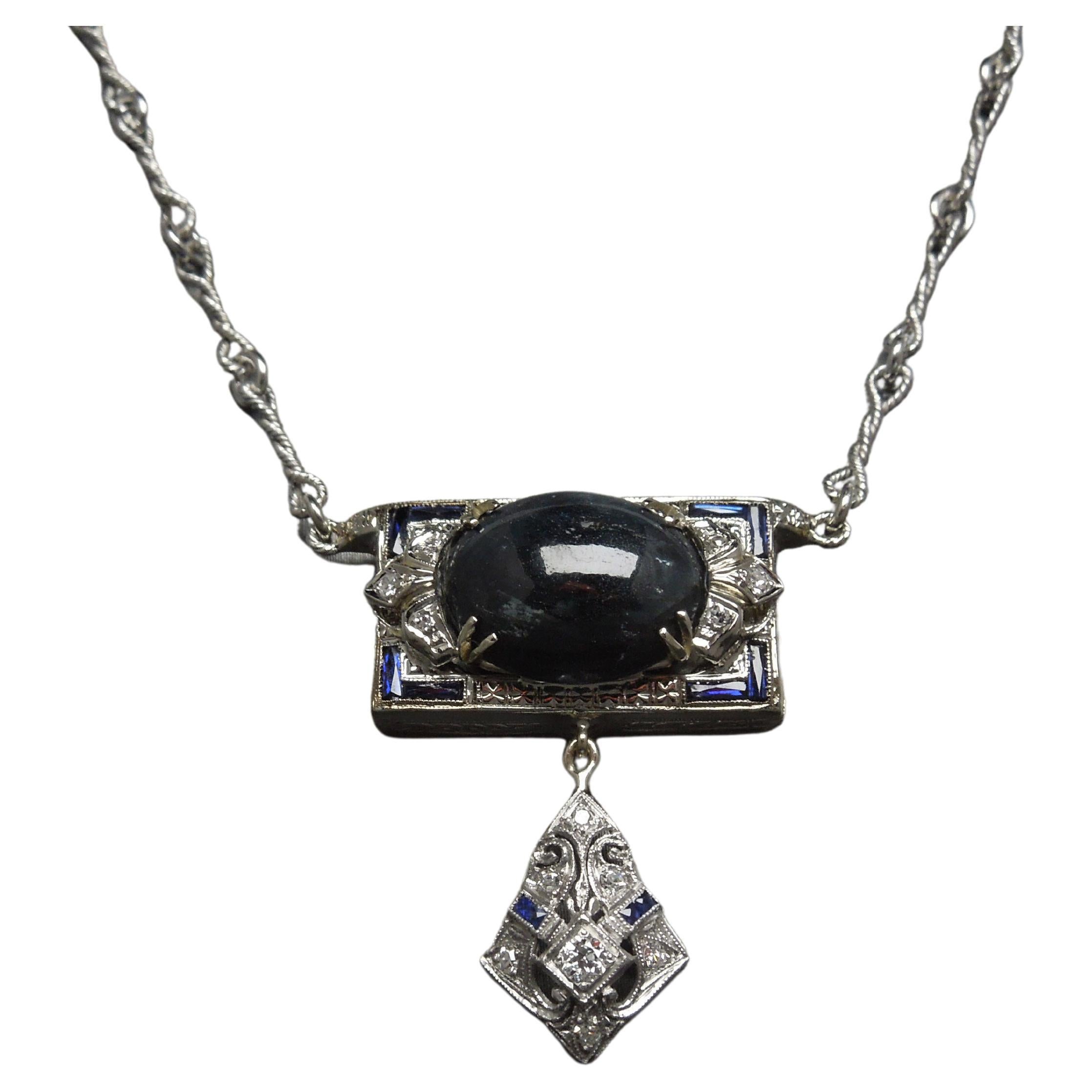 Art Deco Cabochon Sapphire Necklace For Sale