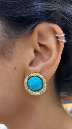 Art Deco Cabochon Turquoise and Diamond Studs Earrings