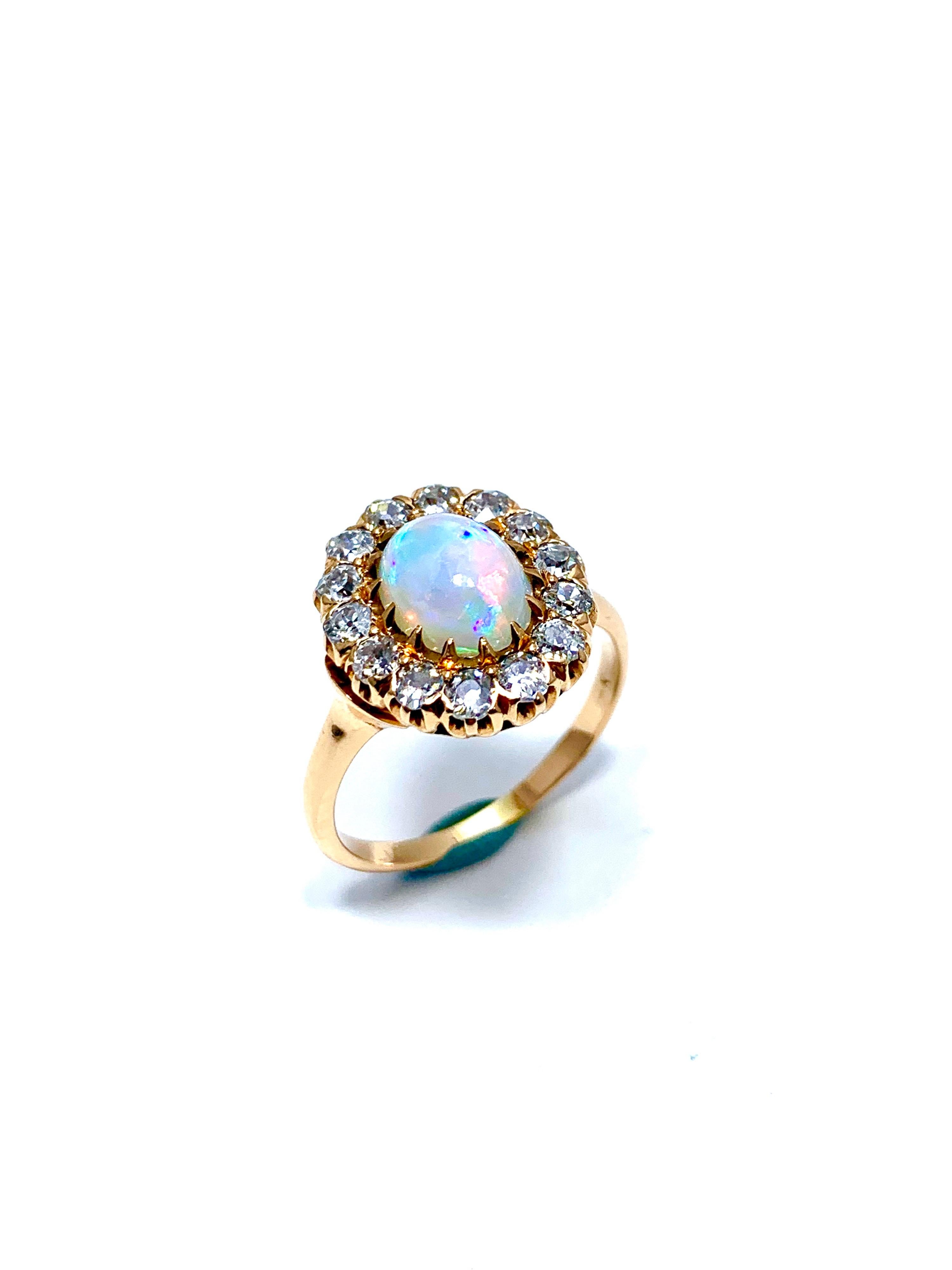 Art Deco Style Cabochon White Opal and Old European Cut Diamond Ring In Excellent Condition In Chevy Chase, MD