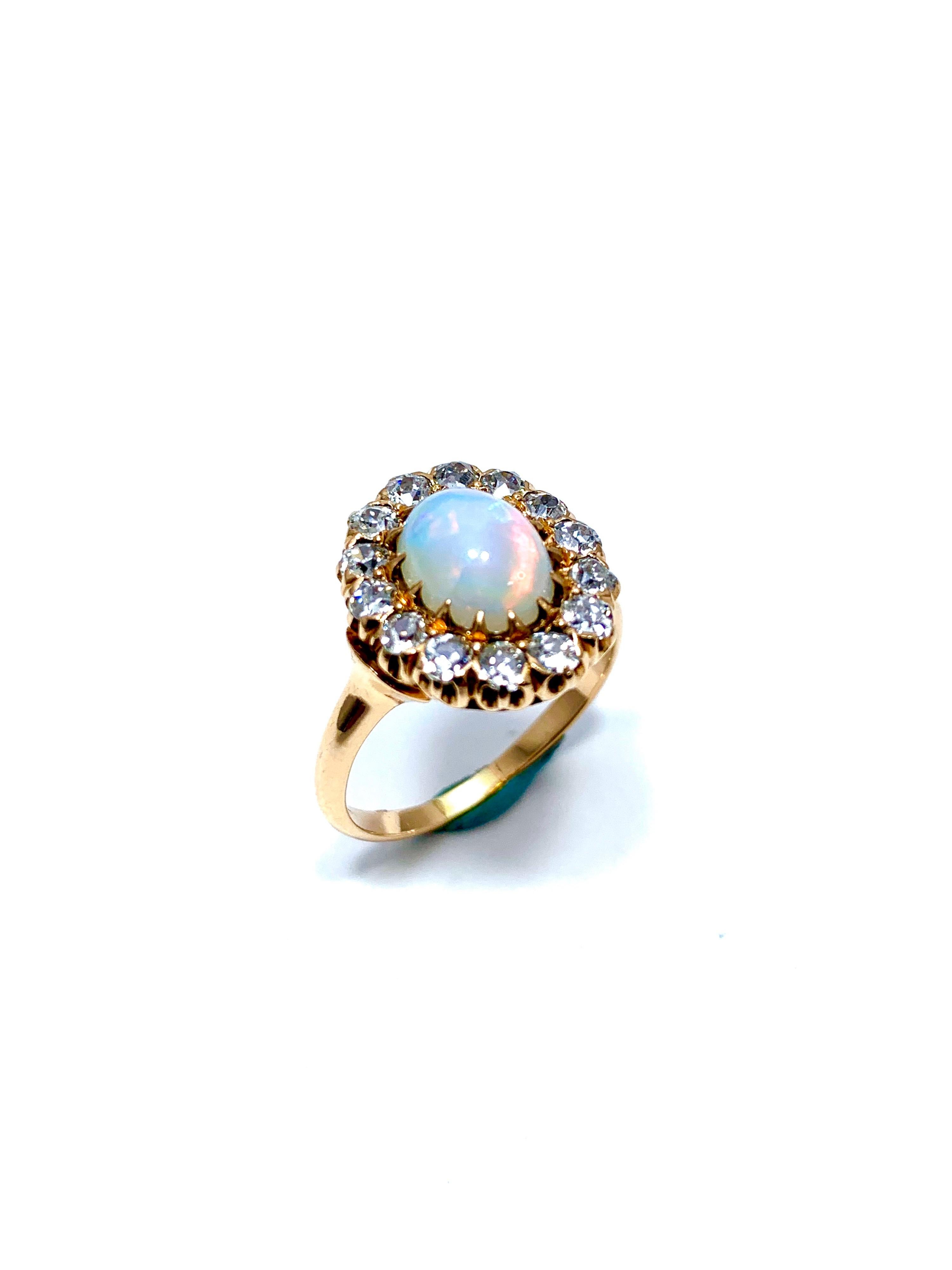 Women's or Men's Art Deco Style Cabochon White Opal and Old European Cut Diamond Ring