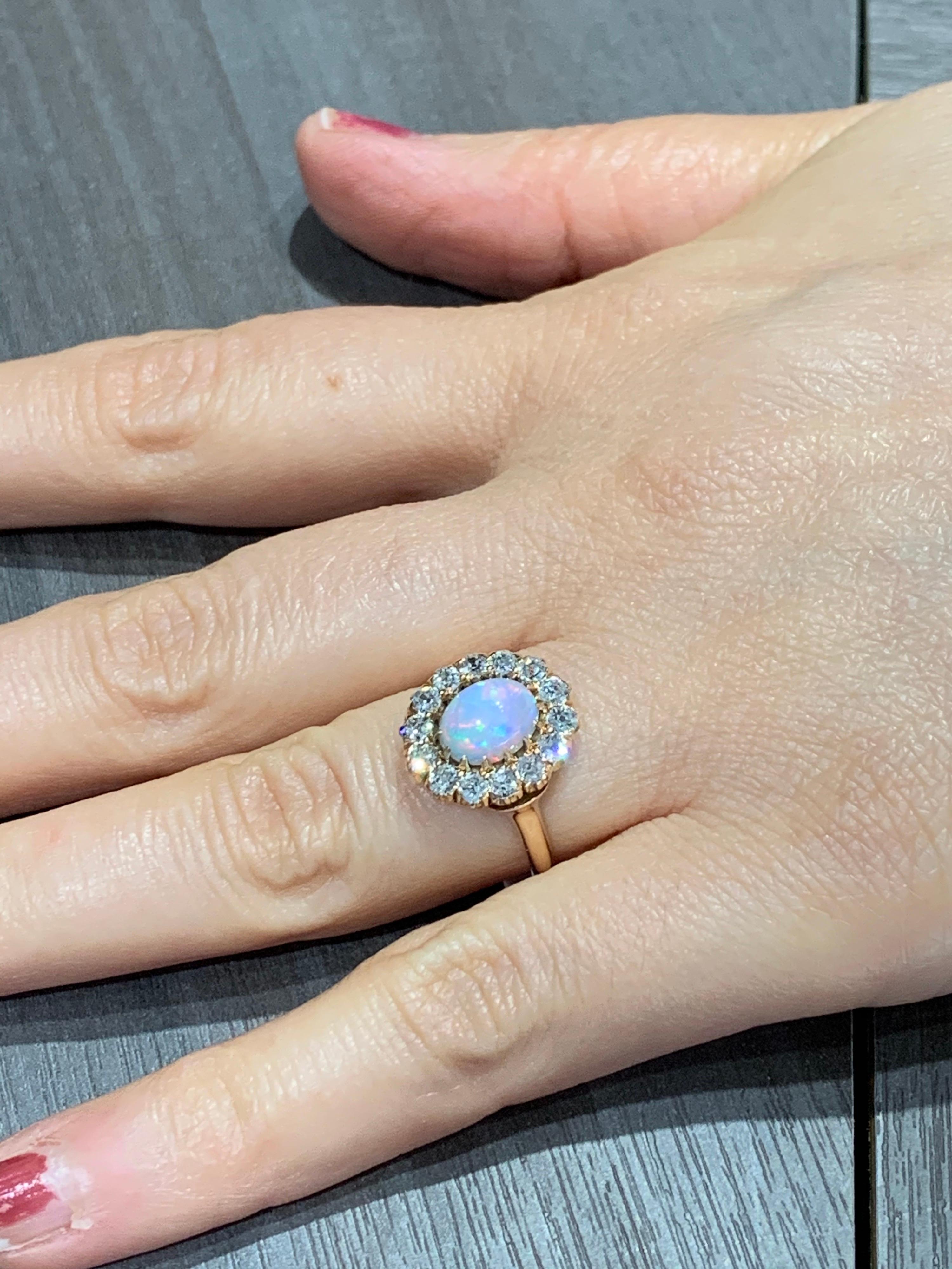 Art Deco Style Cabochon White Opal and Old European Cut Diamond Ring 1