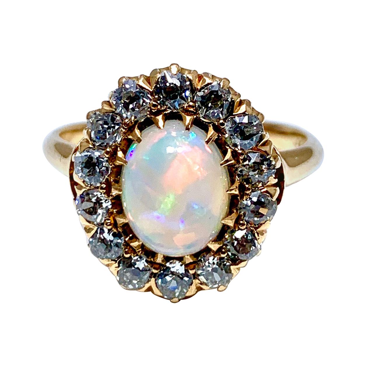 Art Deco Style Cabochon White Opal and Old European Cut Diamond Ring