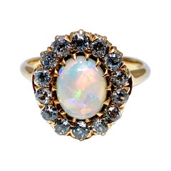 Art Deco Style Cabochon White Opal and Old European Cut Diamond Ring