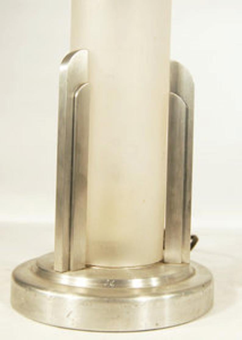 Art Deco Café table lamp 
Frosted glass and aluminum 
Made in the U.S.A.
Maximum wattage = 25 Watts.
   