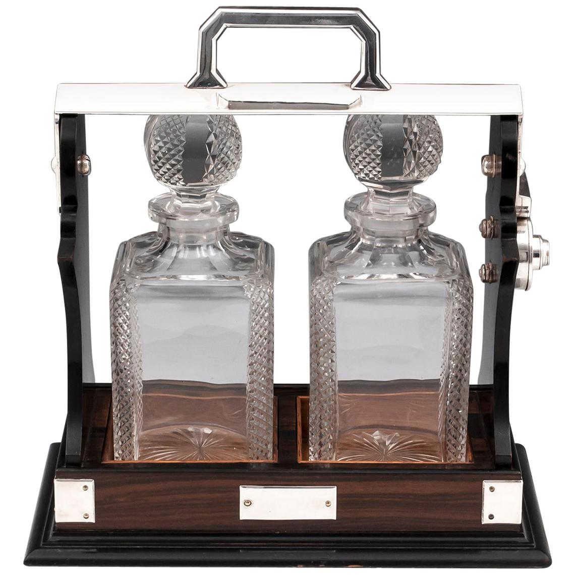 Art Deco Calamander Silver Plated Two-Bottle Decanter Tantalus, 20th Century