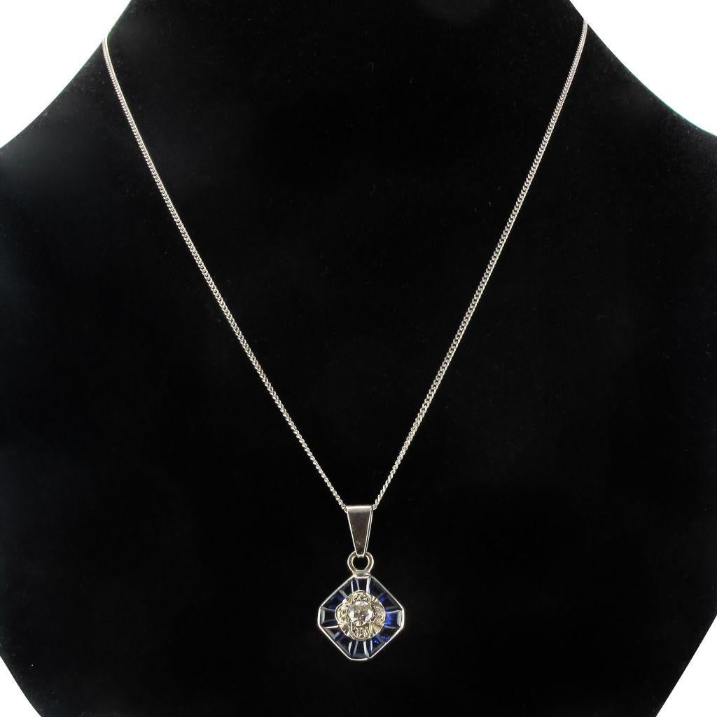 Art Deco Calibrated Blue Gems and Diamond Pendant Necklace 6