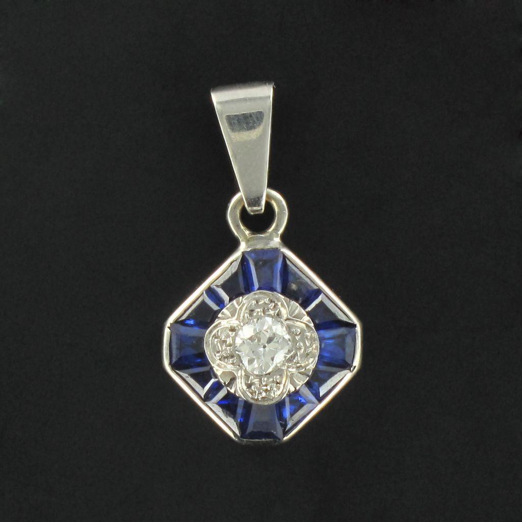 Art Deco Calibrated Blue Gems and Diamond Pendant Necklace 8