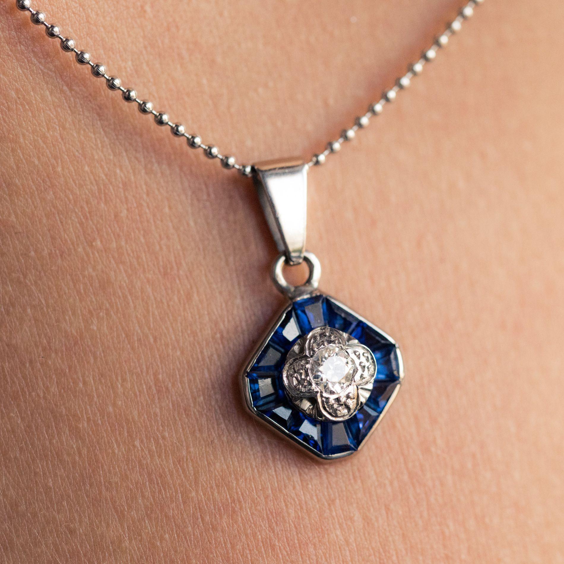 Cushion Cut Art Deco Calibrated Blue Gems and Diamond Pendant Necklace