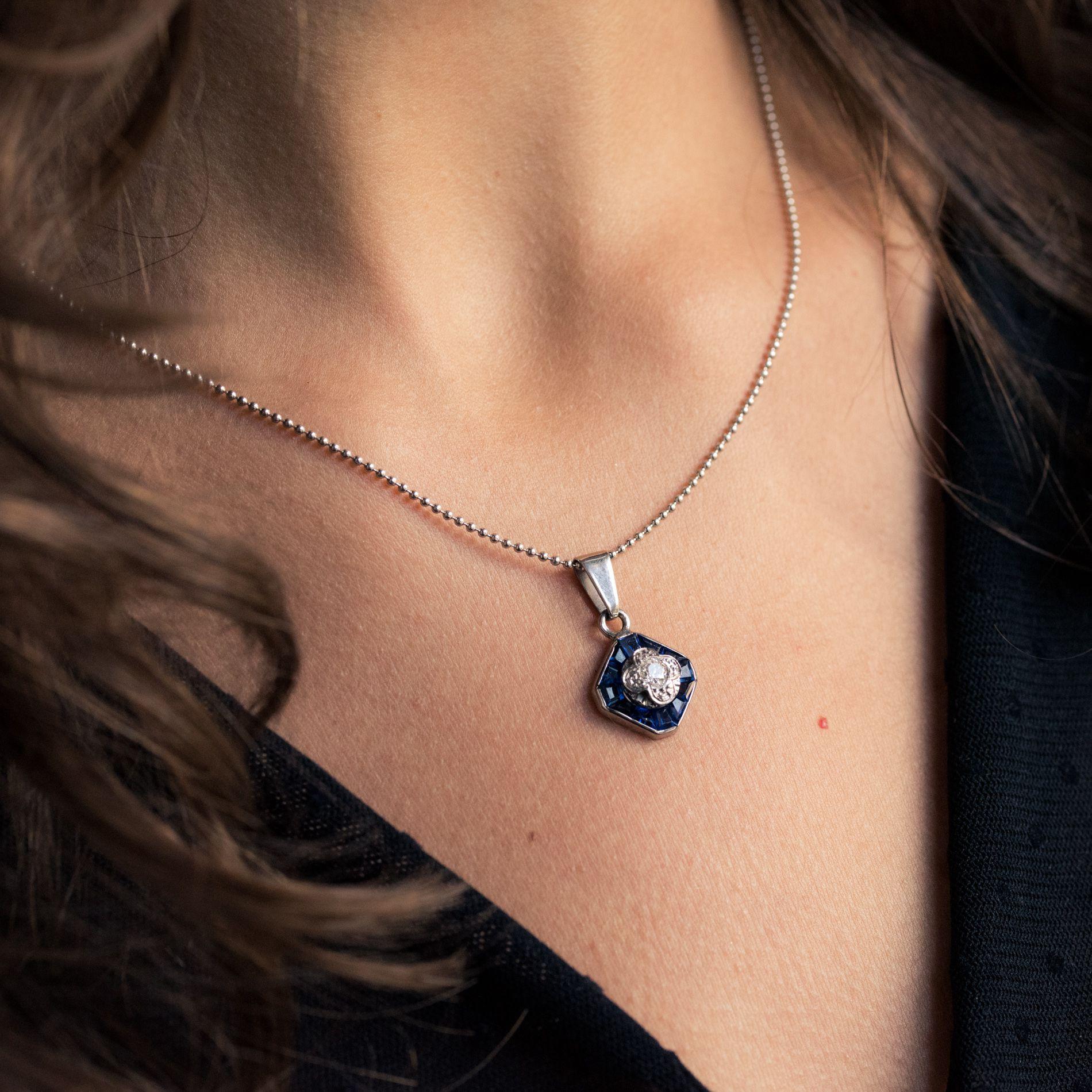Women's Art Deco Calibrated Blue Gems and Diamond Pendant Necklace