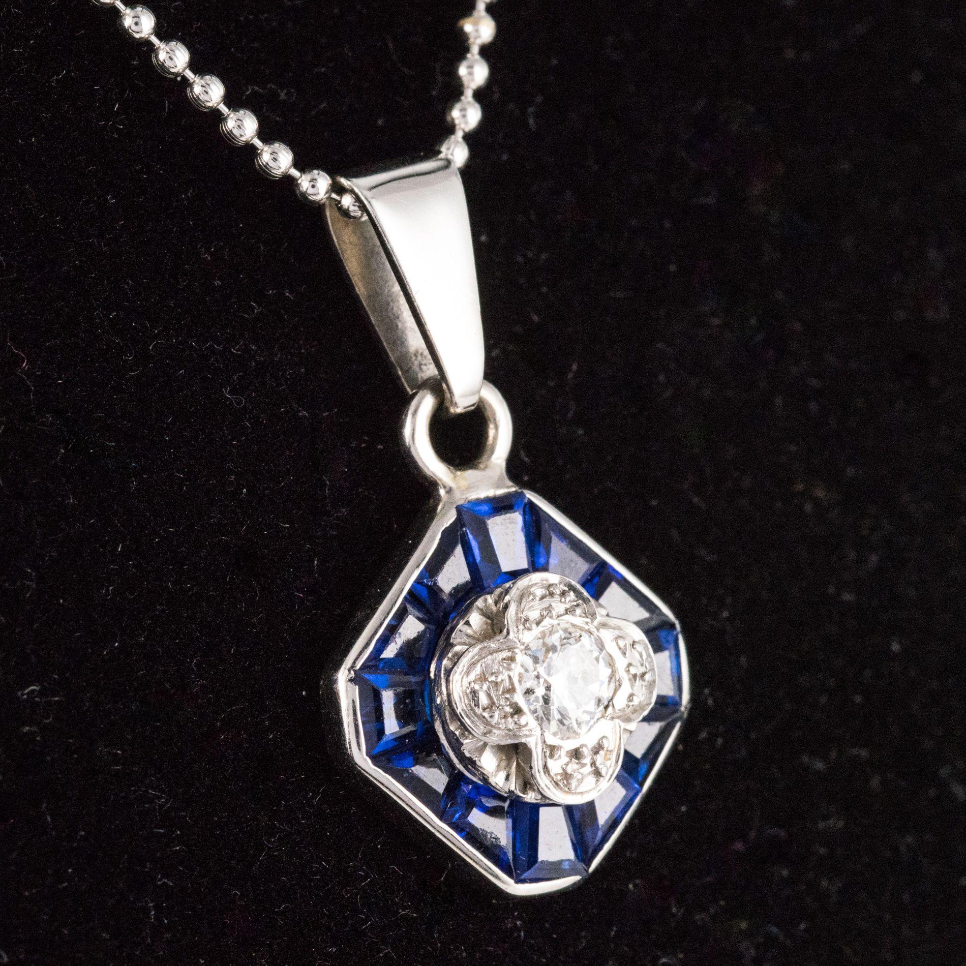 Art Deco Calibrated Blue Gems and Diamond Pendant Necklace 1