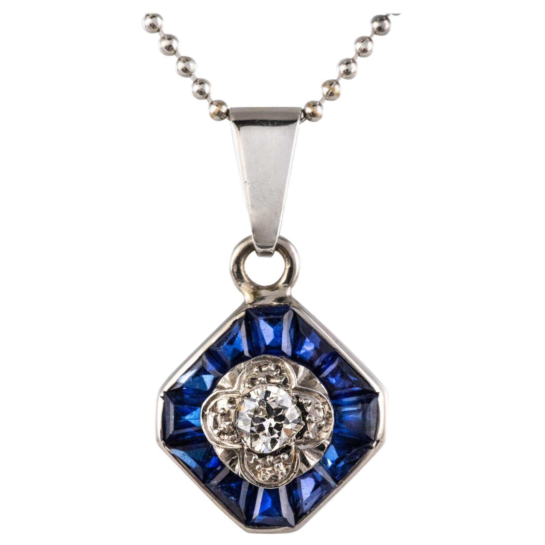 Art Deco Calibrated Blue Gems and Diamond Pendant Necklace