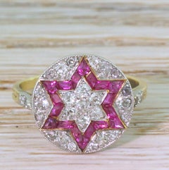 Art Deco Calibré Cut Ruby and Old Cut Diamond Star Ring