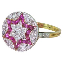 Art Deco Calibré Cut Ruby and Old Cut Diamond Star Ring