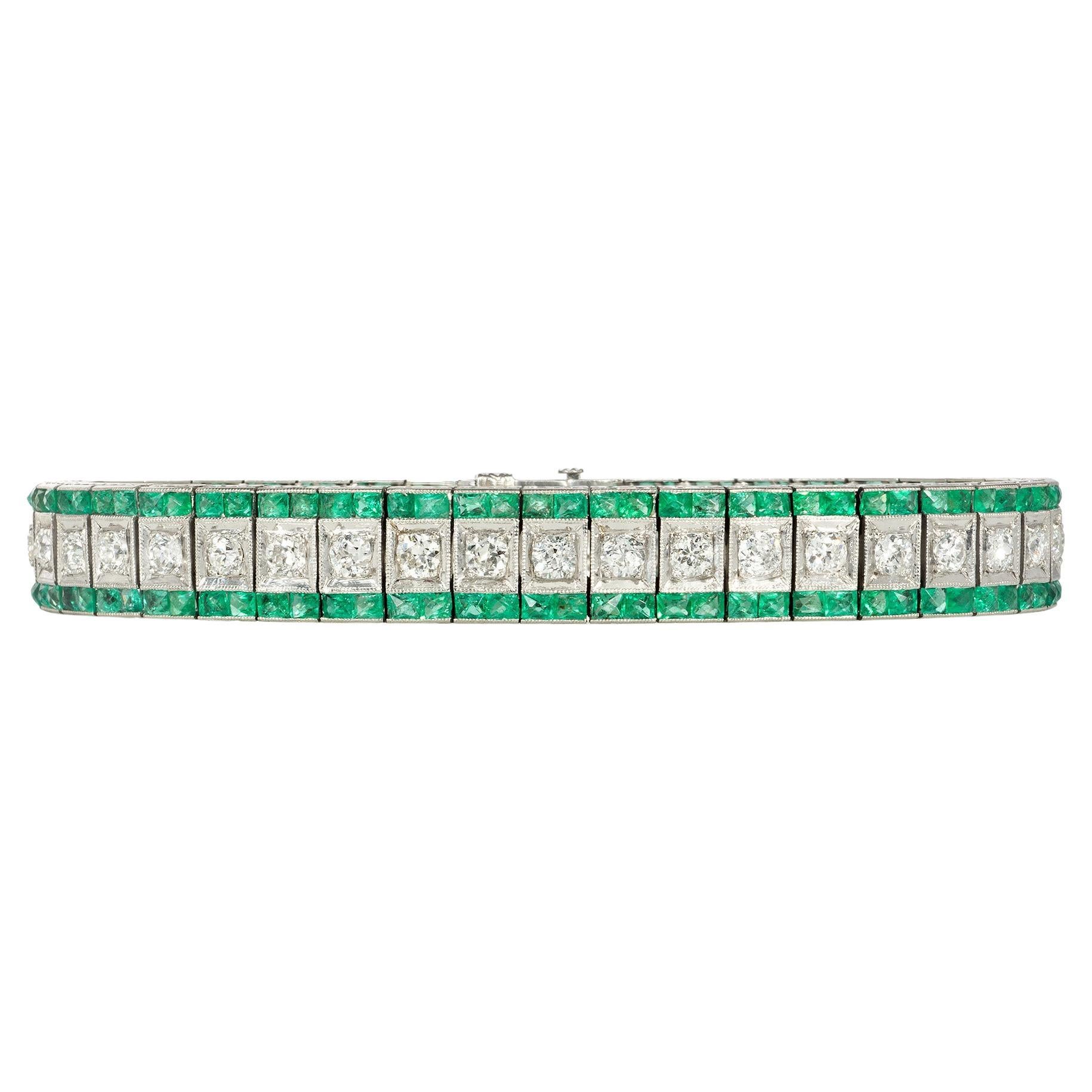 Art Deco Calibre Emerald and Old European-Cut Diamond Strap Bracelet in Platinum