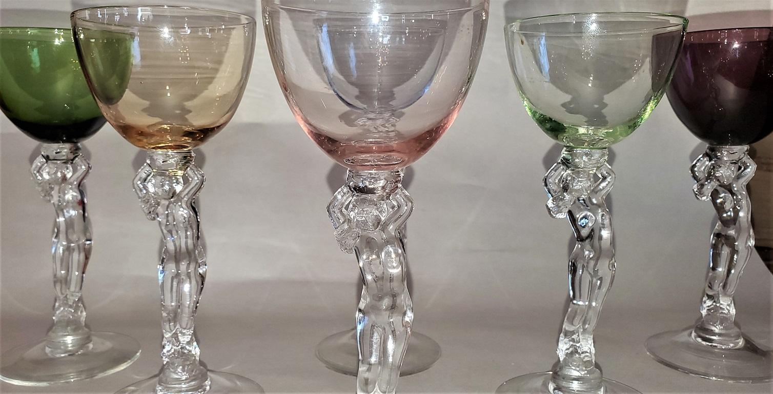 Presenting a beautiful Art Deco Cambridge set of 6 brandy goblets,

circa 1930 and American.

Made by the Cambridge Glass Co. of Cambridge, Ohio.

This a beautiful set of six brandy goblets with the top section an opalescent colored crystal,