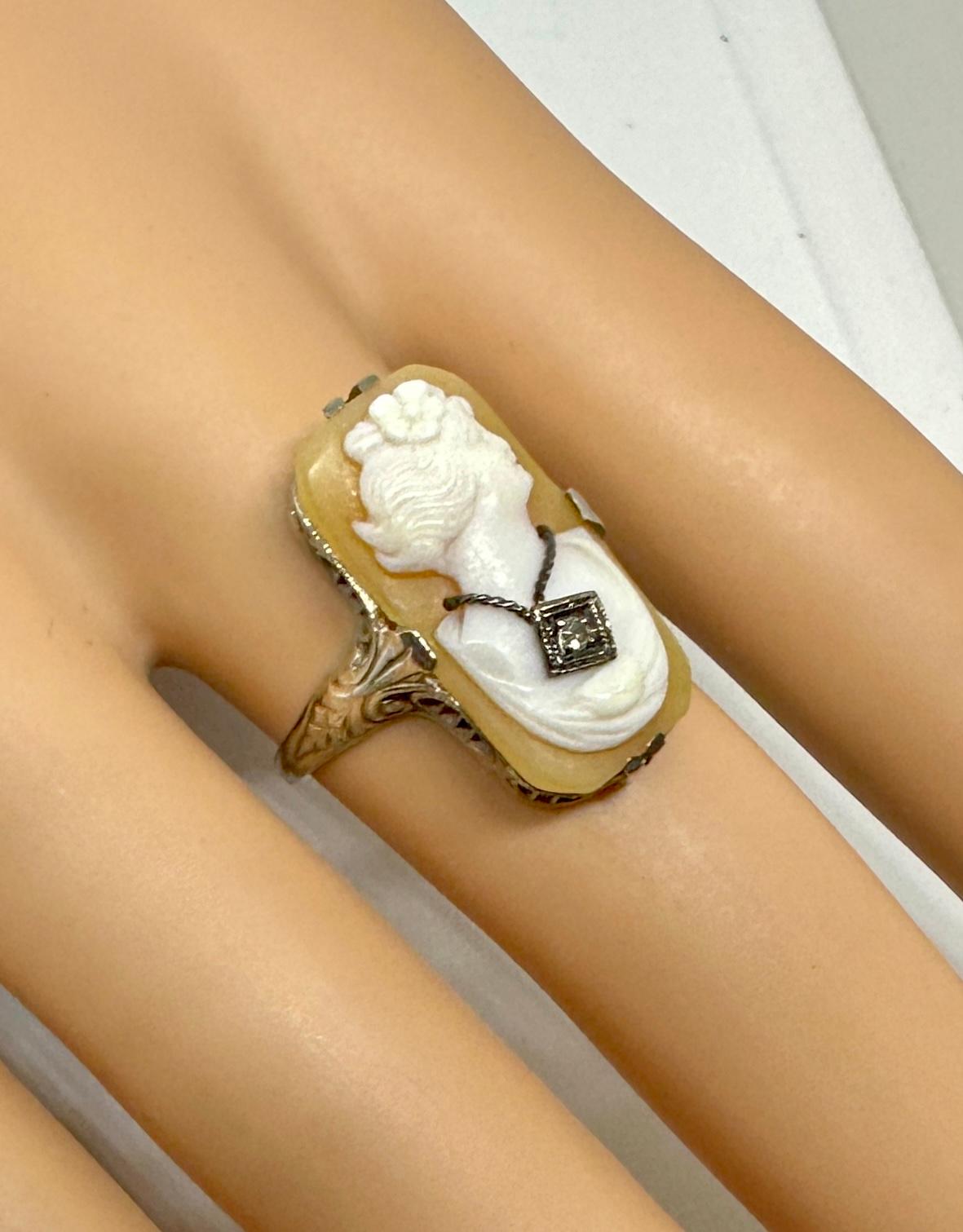 Art Deco Cameo Diamond Ring 14 Karat White Gold Cameo Habille Filigree Antique For Sale 1