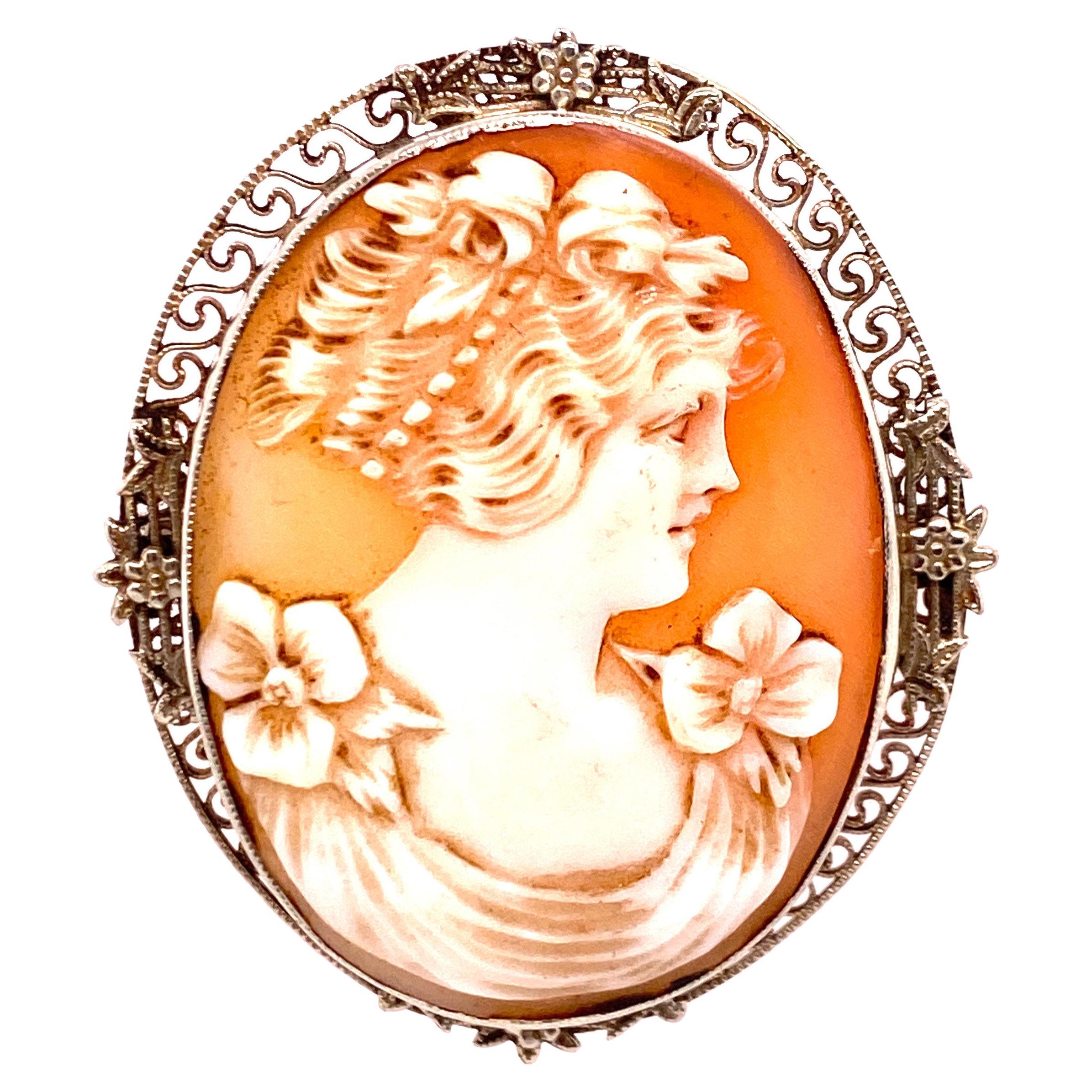 Art Deco Cameo Pendant Vintage Antique Pin Brooch 14K White Gold Flowers For Sale