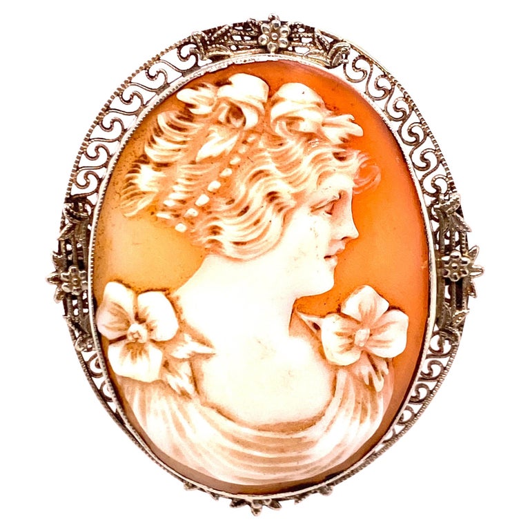 Art Deco Cameo Pendant Vintage Antique Pin Brooch 14K White Gold Flowers For Sale