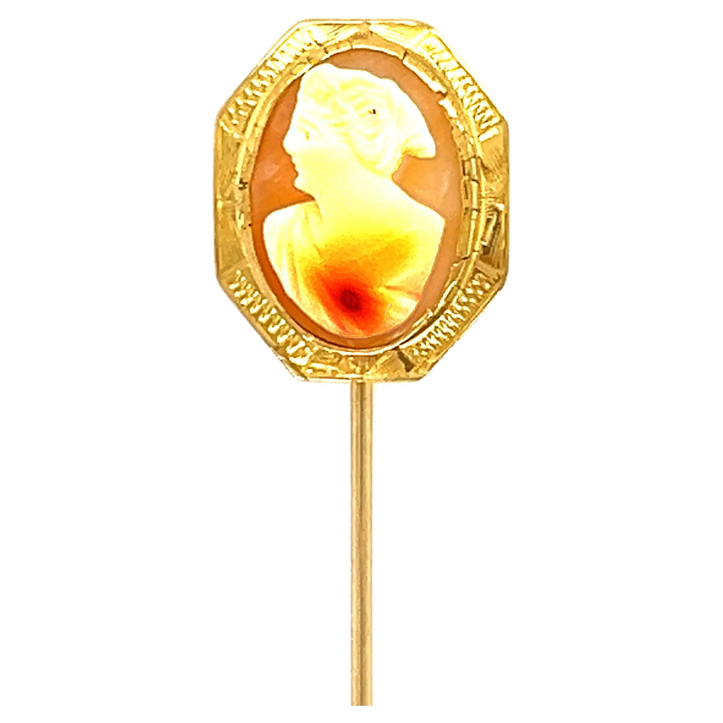 Art Deco Cameo Stick Pin Antique 14K Yellow Gold Original 1940's Antique For Sale