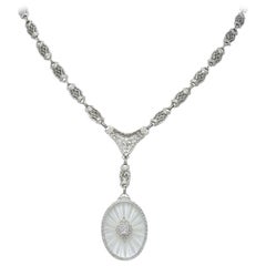 Art Deco Camphor Glass Diamond 14 Karat White Gold Drop Necklace, circa 1920s