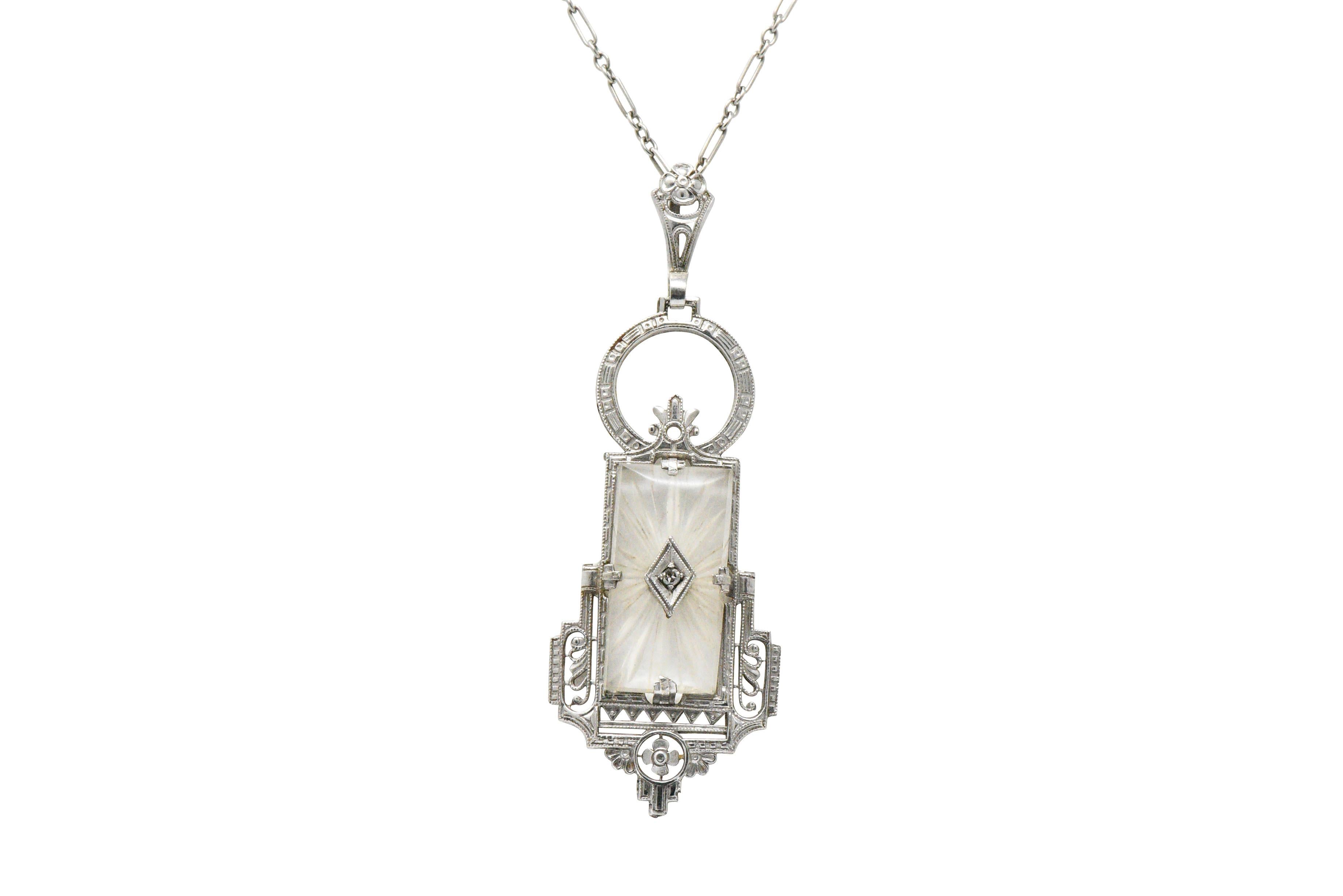 Art Deco Camphor Glass Diamond And 14 Karat White Gold Pendant Necklace In Excellent Condition In Philadelphia, PA