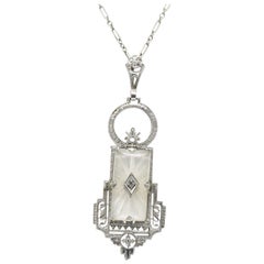 Art Deco Camphor Glass Diamond And 14 Karat White Gold Pendant Necklace