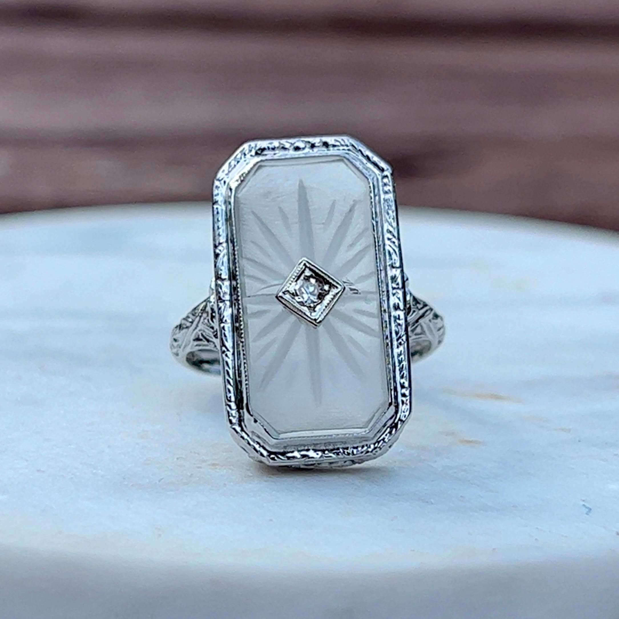 Round Cut Art Deco Camphor Glass Diamond Filigree Ring in 14K White Gold