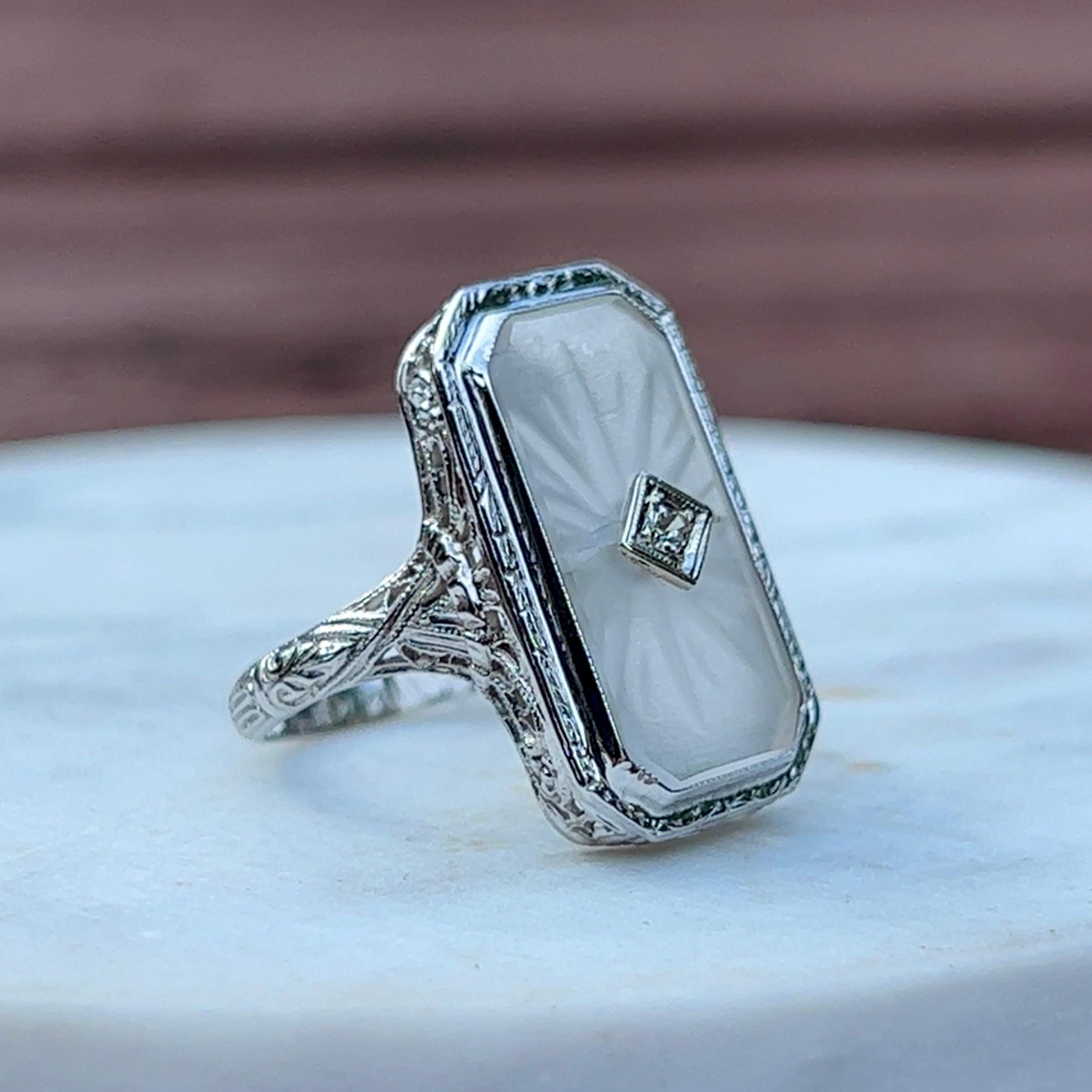 Art Deco Camphor Glass Diamond Filigree Ring in 14K White Gold In Good Condition In Towson, MD
