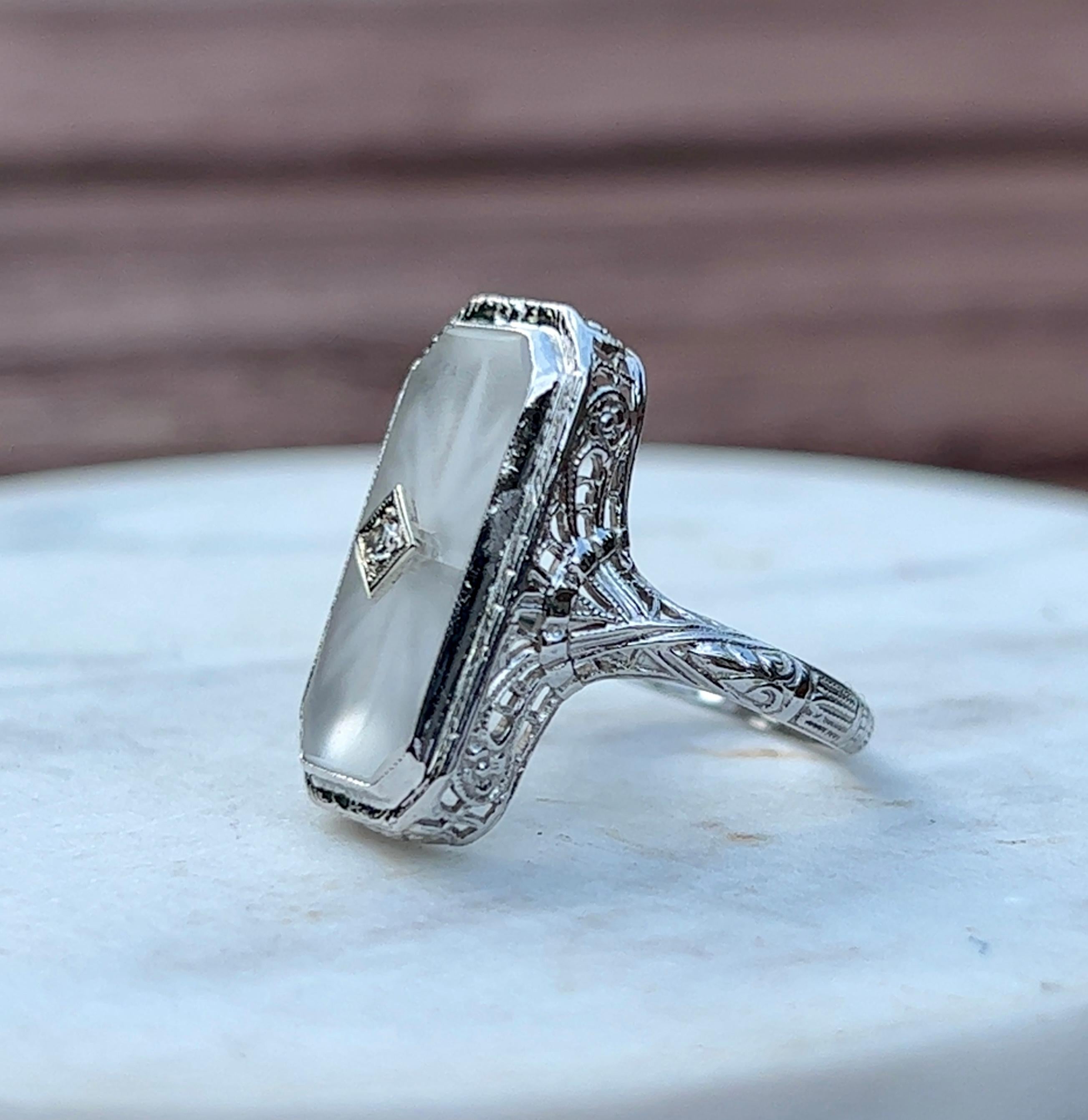 Women's Art Deco Camphor Glass Diamond Filigree Ring in 14K White Gold