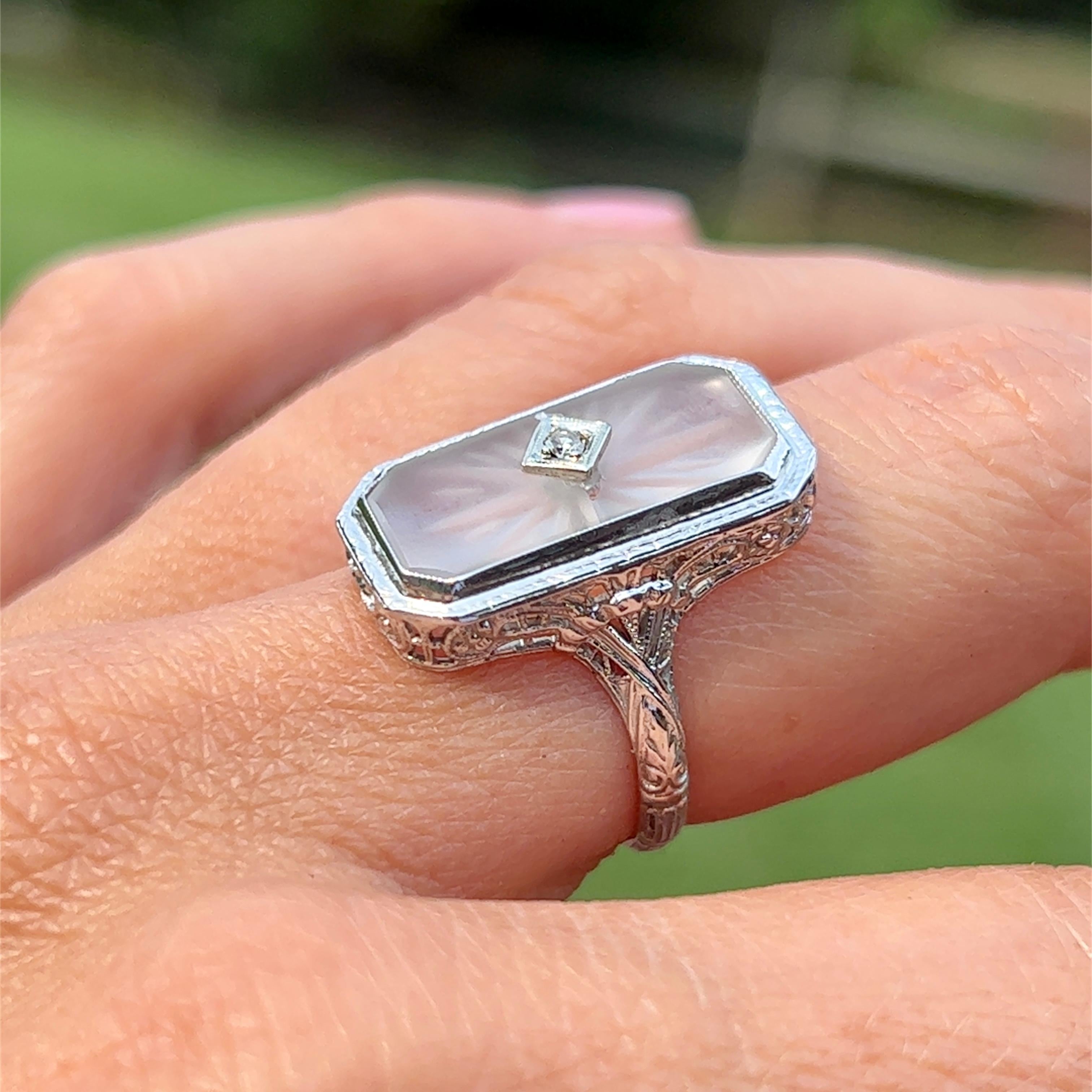 Art Deco Camphor Glass Diamond Filigree Ring in 14K White Gold 1