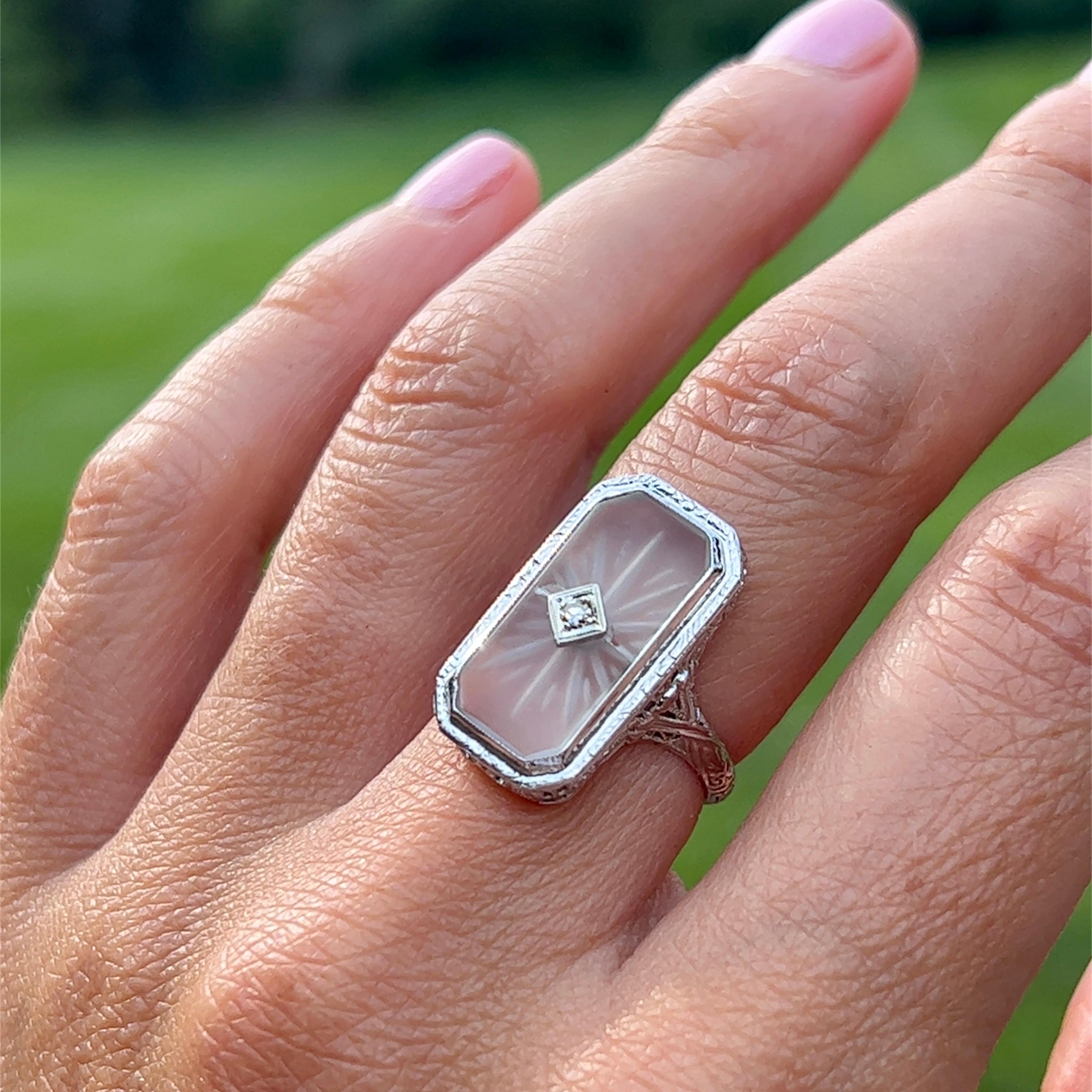 Art Deco Camphor Glass Diamond Filigree Ring in 14K White Gold 2