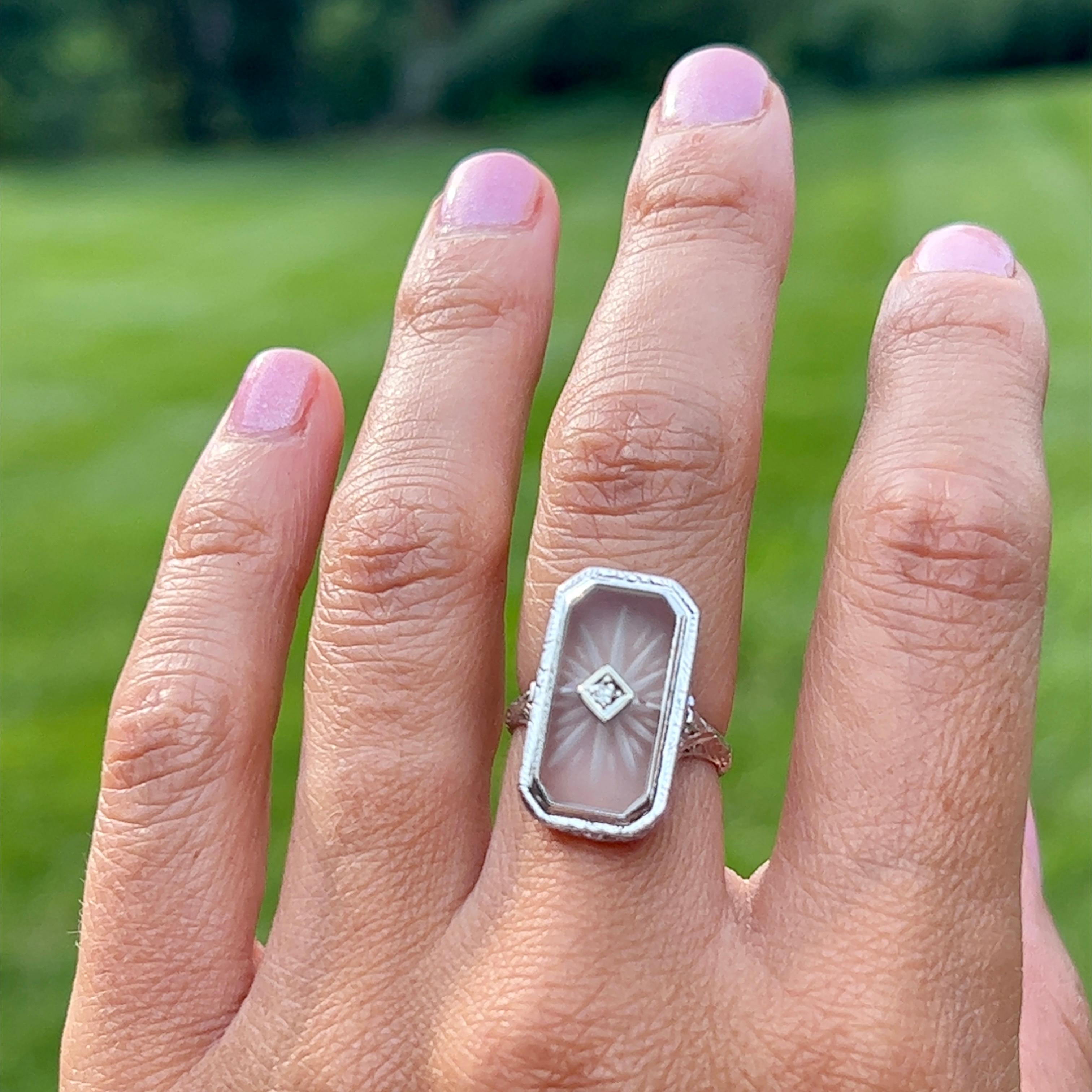 Art Deco Camphor Glass Diamond Filigree Ring in 14K White Gold 3