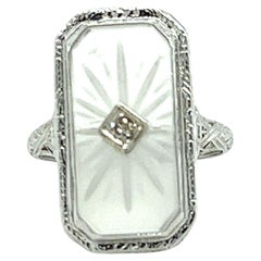 Art Deco Camphor Glass Diamond Filigree Ring in 14K White Gold 