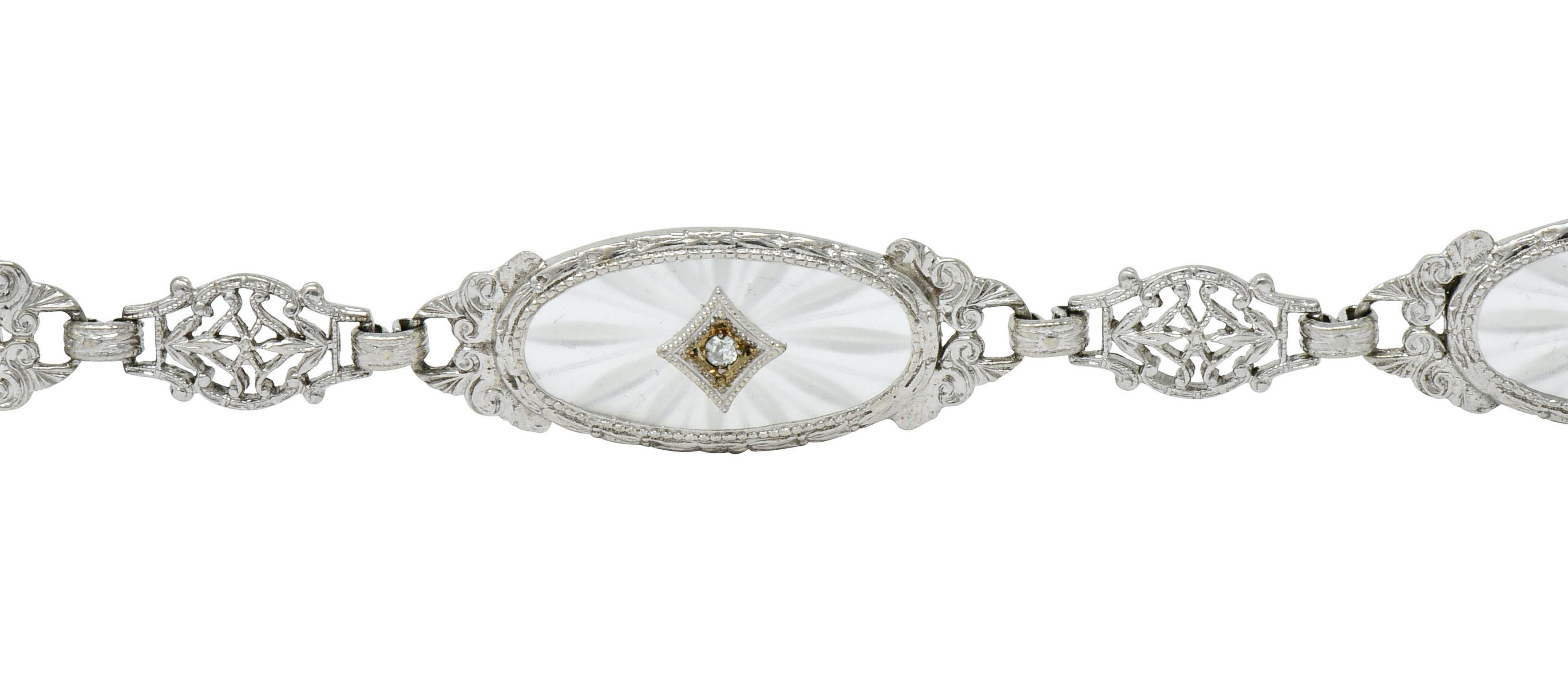 Art Deco Camphor Glass Diamond Platinum Link Bracelet In Excellent Condition In Philadelphia, PA