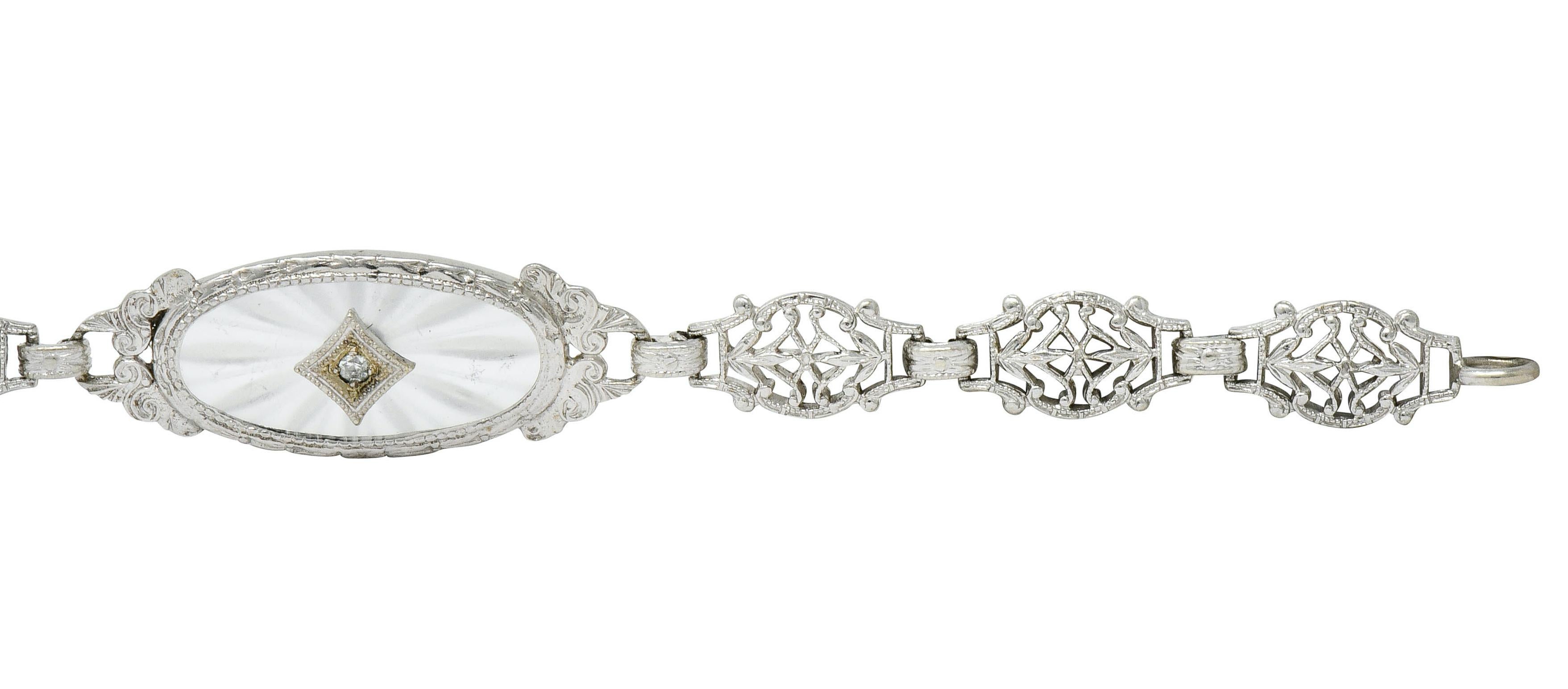 Women's or Men's Art Deco Camphor Glass Diamond Platinum Link Bracelet