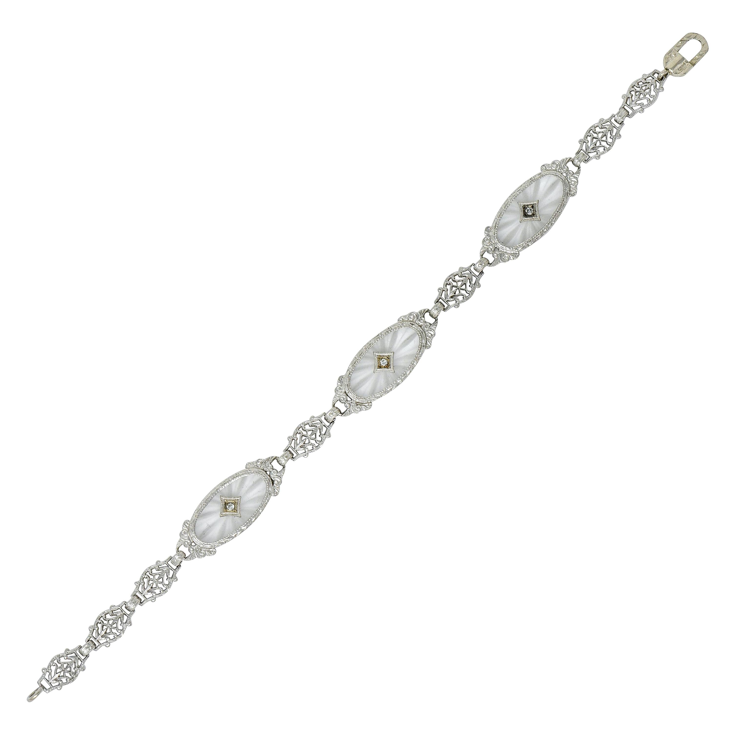 Art Deco Camphor Glass Diamond Platinum Link Bracelet