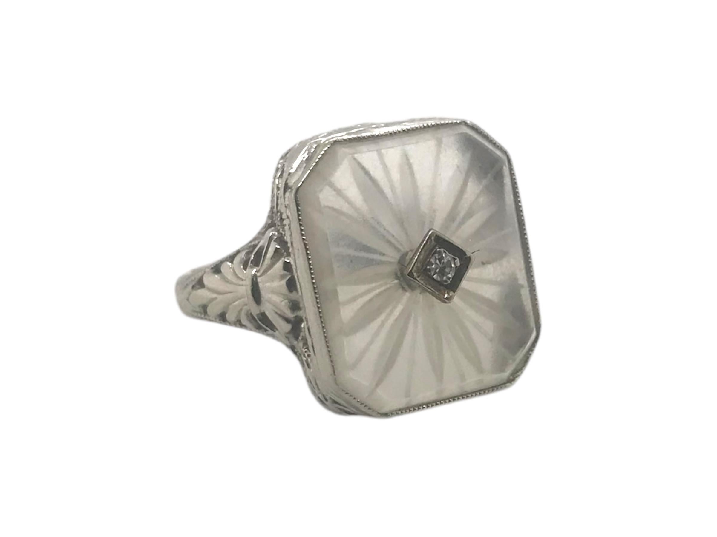 Single Cut Art Deco Camphor Glass Filigree Ring 14K White Gold
