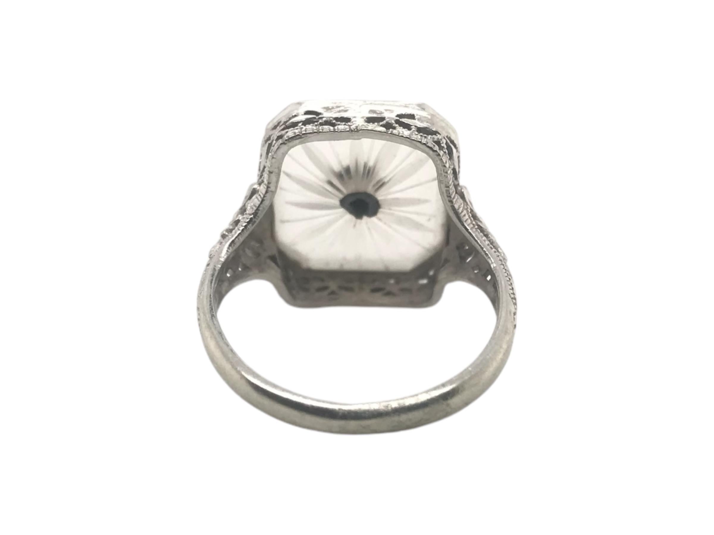 Women's Art Deco Camphor Glass Filigree Ring 14K White Gold