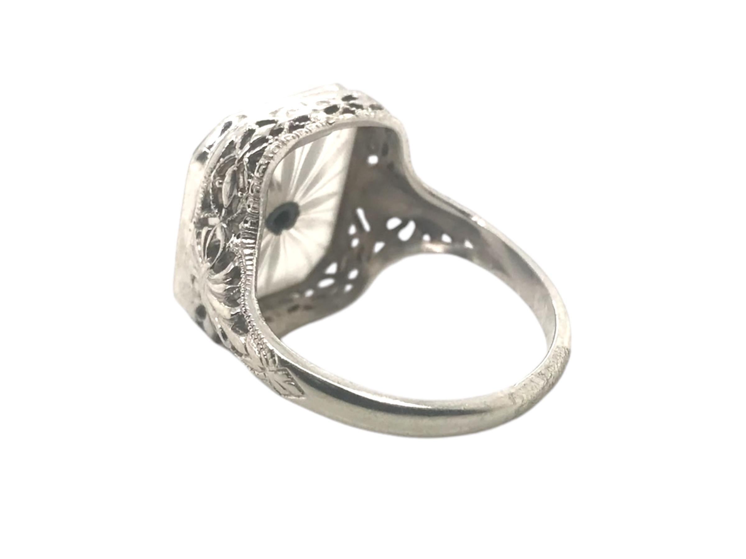 Art Deco Camphor Glass Filigree Ring 14K White Gold 1