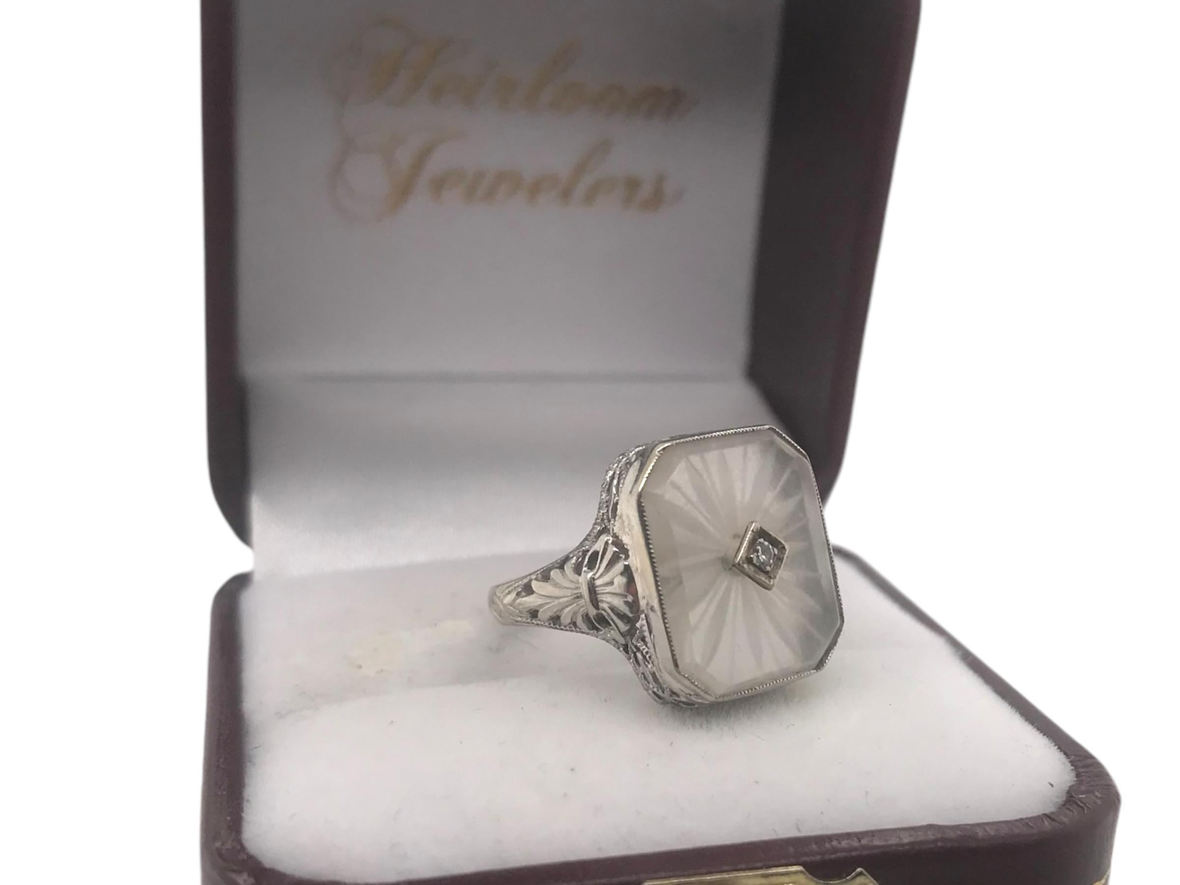 Art Deco Camphor Glass Filigree Ring 14K White Gold 2
