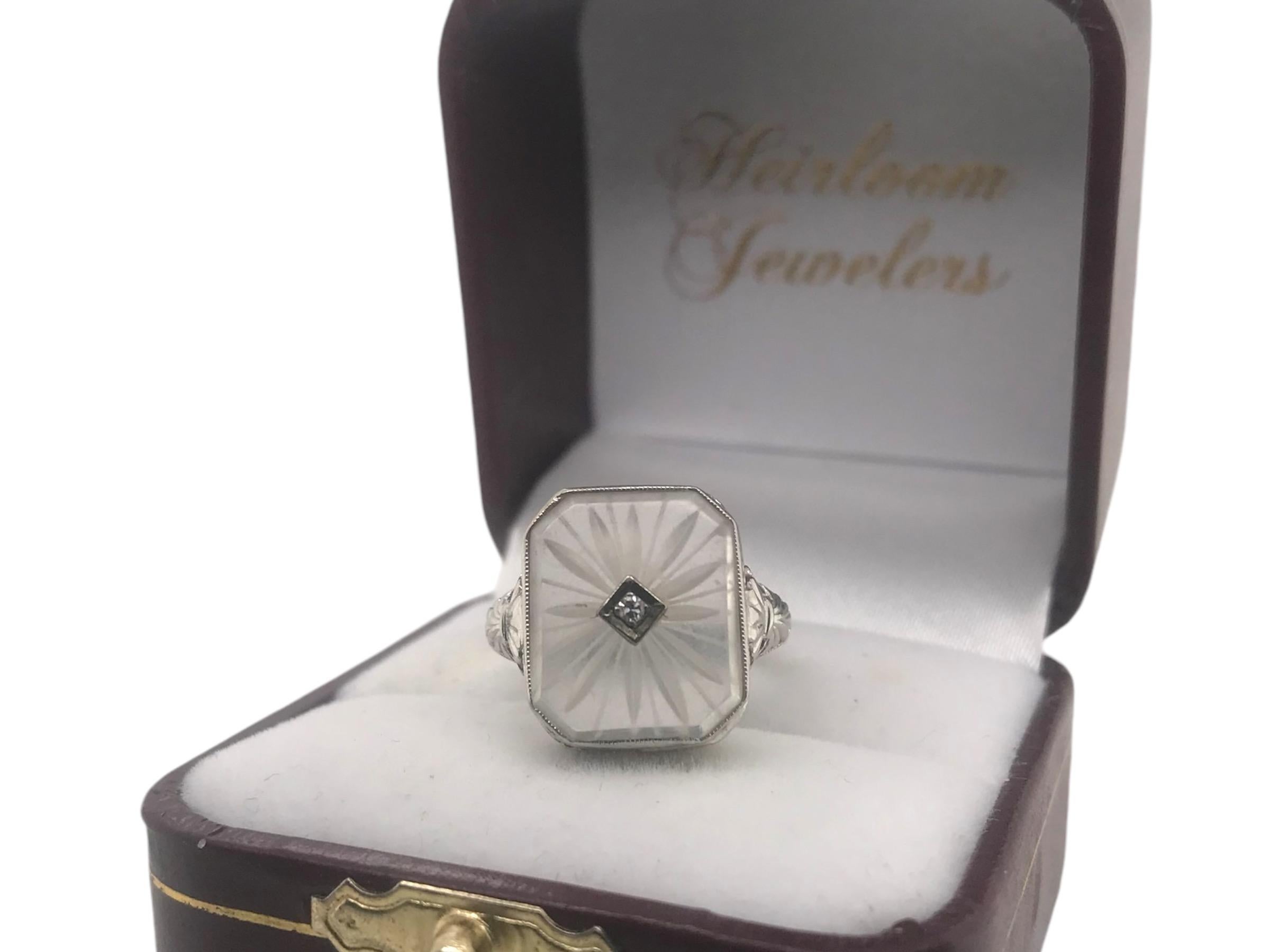 Art Deco Camphor Glass Filigree Ring 14K White Gold 3