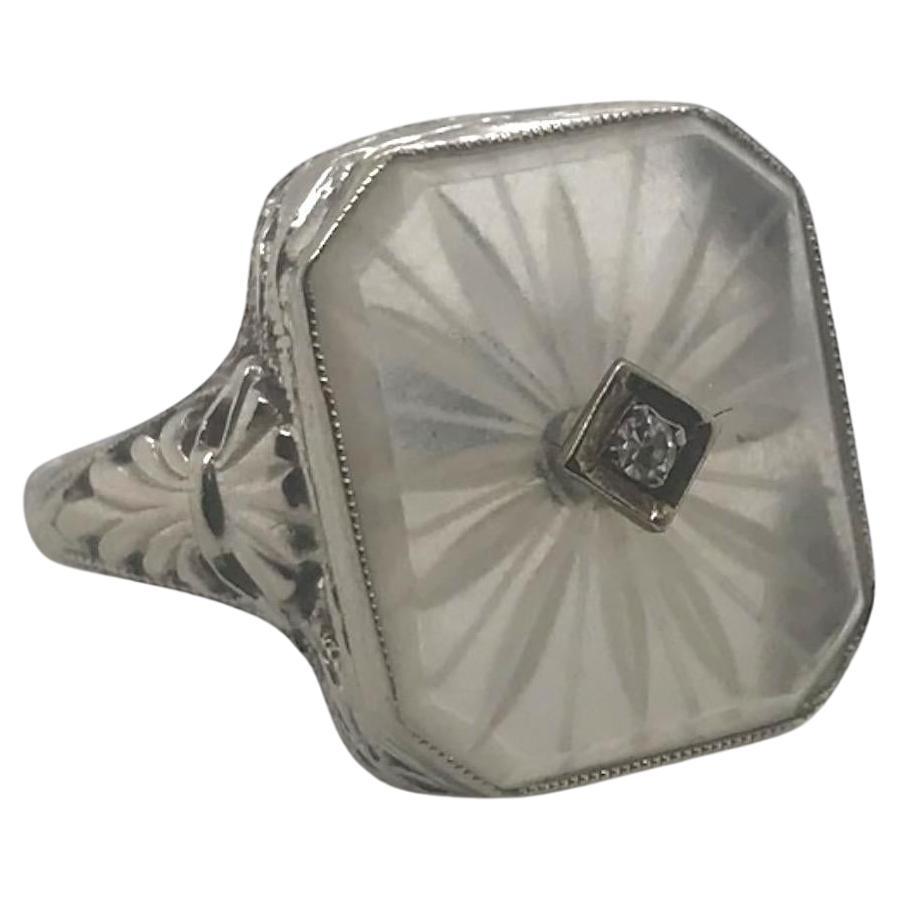 Art Deco Camphor Glass Filigree Ring 14K White Gold