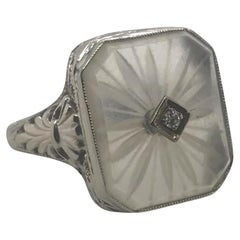 Art Deco Camphor Glass Filigree Ring 14K White Gold